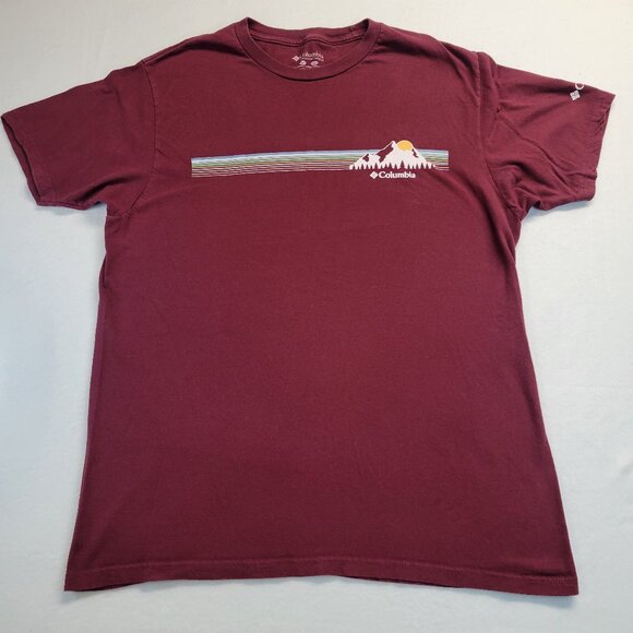 Columbia Maroon Logo Graphic Sunset Mountain Short Sleeve Crew Mens Large Tshirt - Picture 1 of 10